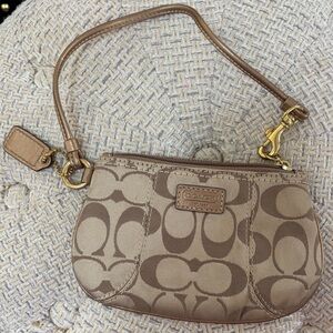 Coach Tan Signature Canvas Wristlet with Leather Trim